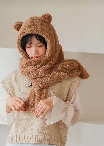 Kahverengi Örme Peluş Kapüşonlu Atkı son fiyattır - Görsel 2