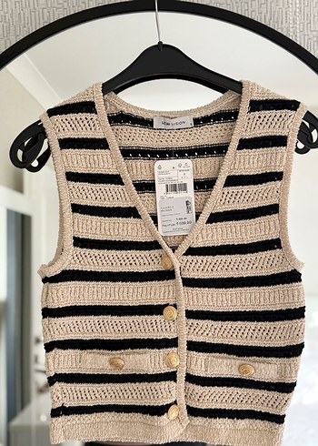 Bej Çizgili Örgü Yelek - Görsel 6