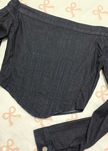 Lacivert Denim Madonna Yaka Bluz - Görsel 5