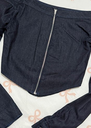 Lacivert Denim Madonna Yaka Bluz - Görsel 2