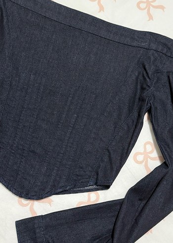 Lacivert Denim Madonna Yaka Bluz - Görsel 3