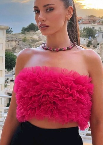 Zara Fuşya Tüllü Triko Top - Görsel 2