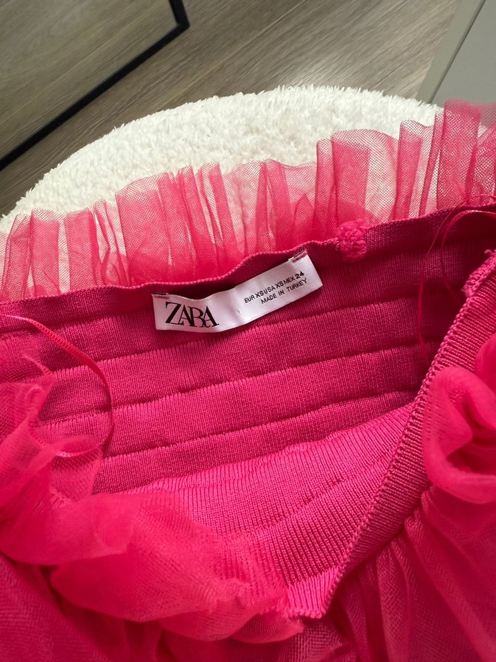 Zara Fuşya Tüllü Triko Top - Görsel 4