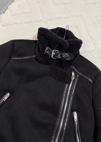 Stardivarius Siyah Süet Kürklü Biker Ceket - Görsel 7