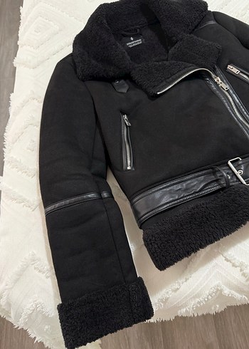 Stardivarius Siyah Süet Kürklü Biker Ceket - Görsel 5