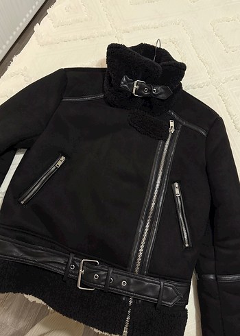Stardivarius Siyah Süet Kürklü Biker Ceket - Görsel 8