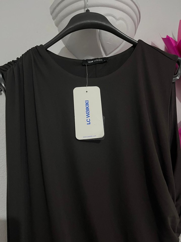 Drapeli koyu kahverengi mini Elbise - Görsel 2