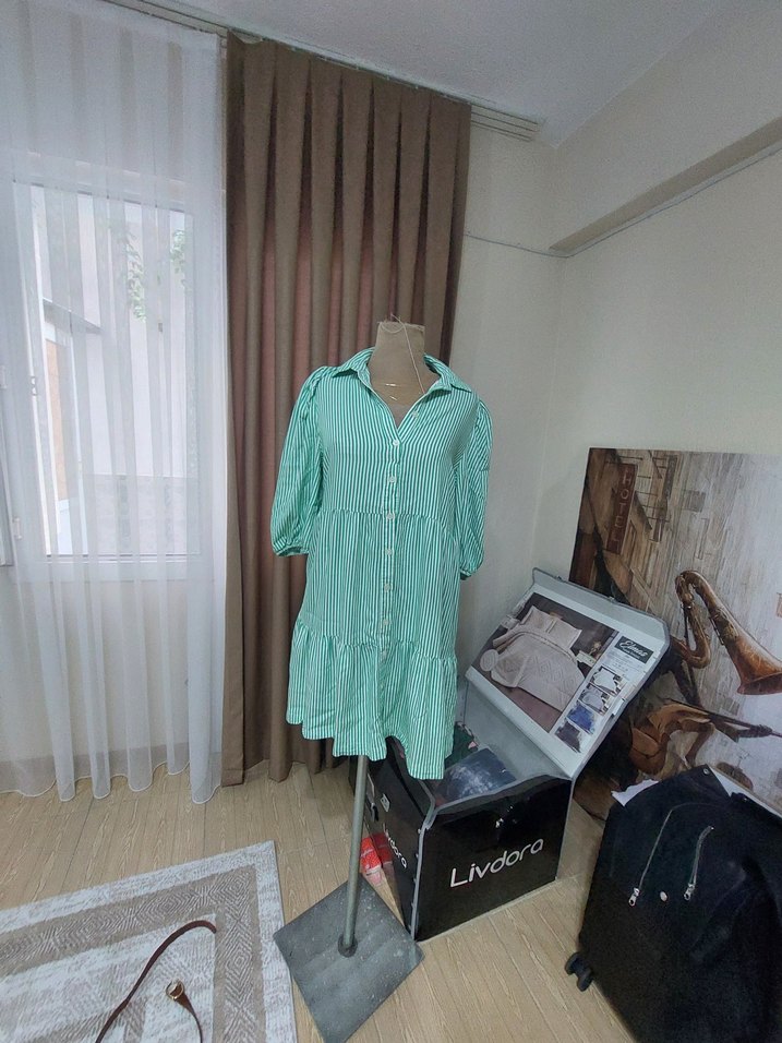 Yeşil Çizgili Bohem Mini Elbise - Görsel 2