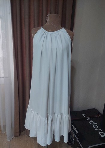 Bej Uzun Askılı Drapeli Kadın Elbise - Görsel 2