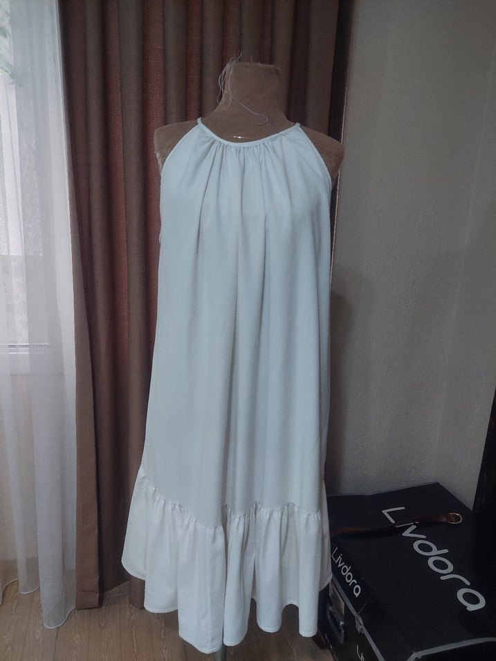 Bej Uzun Askılı Drapeli Kadın Elbise - Görsel 2