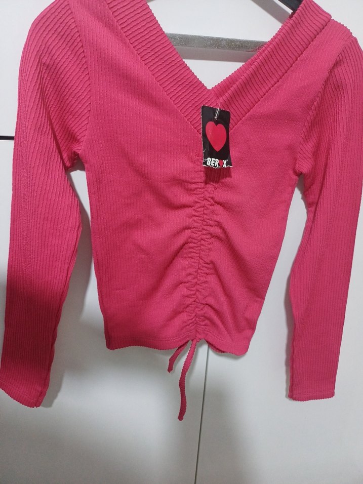 Pembe V Yaka İnce Örgü Kadın Kazak - Görsel 2