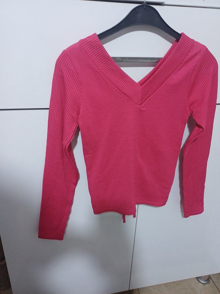 Pembe V Yaka İnce Örgü Kadın Kazak - Görsel 3