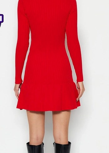 Kırmızı Uzun Kollu Triko Midi Elbise - Görsel 4