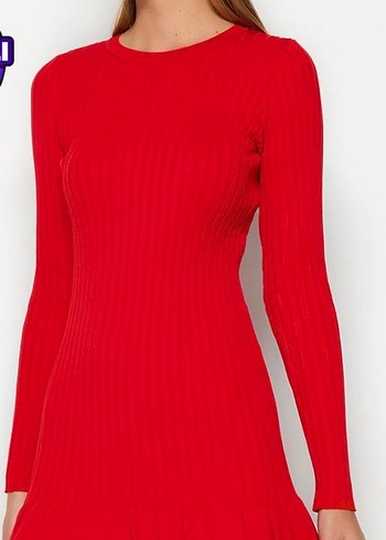 Kırmızı Uzun Kollu Triko Midi Elbise - Görsel 2