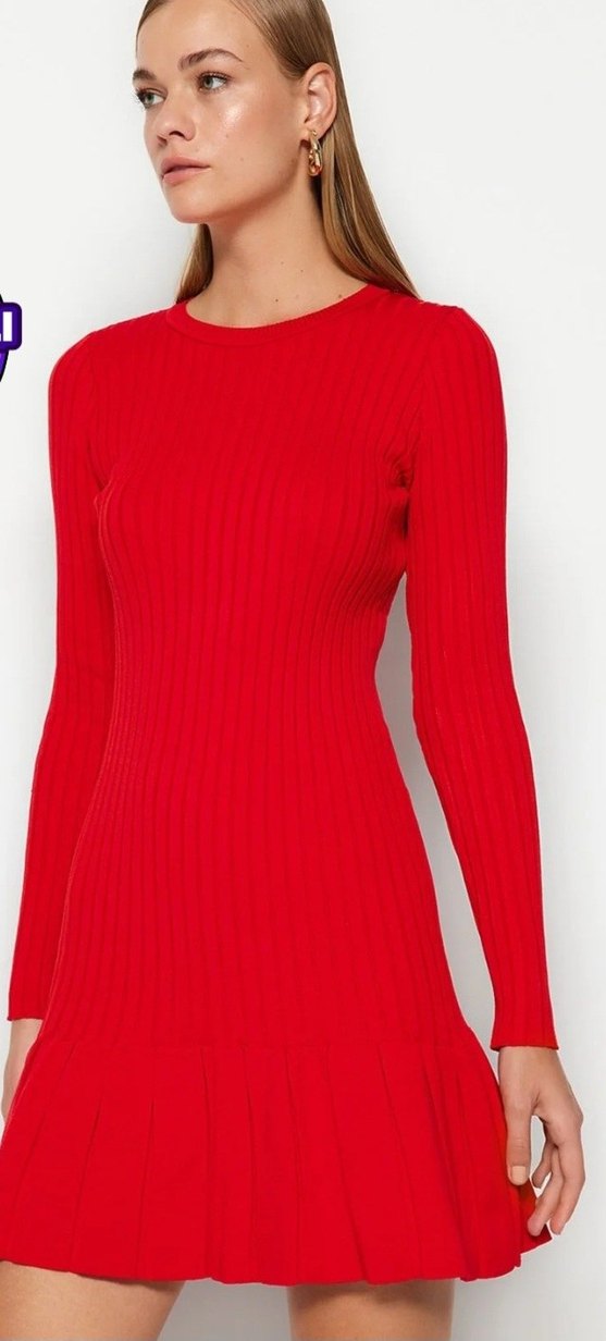 Kırmızı Uzun Kollu Triko Midi Elbise - Görsel 2