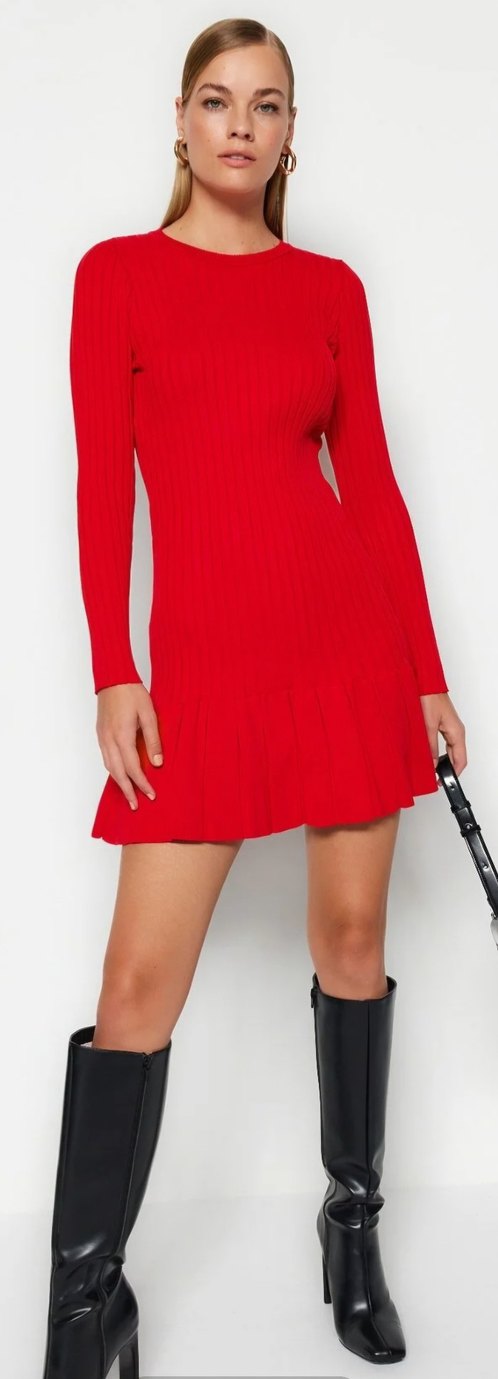 Kırmızı Uzun Kollu Triko Midi Elbise - Görsel 3