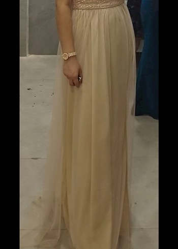 Bej Drapeli Uzun Abiye Elbise - Görsel 2