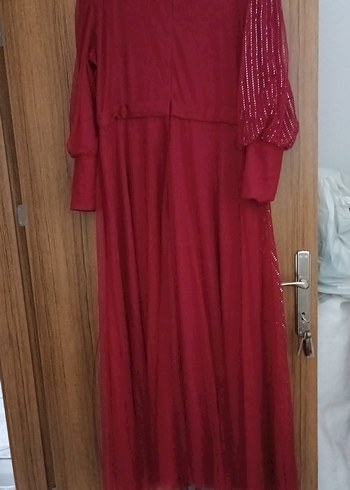 Bordo Uzun Kollu Drapeli Kadın Abiye Elbise - Görsel 2