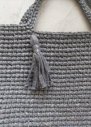 Gri Örgü Kadın Çanta Püsküllü - Görsel 2