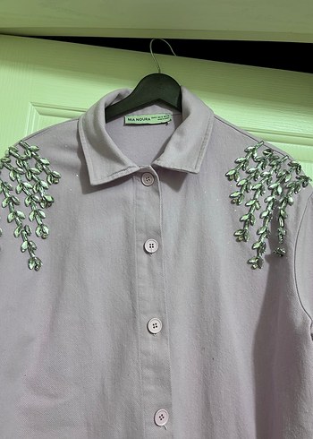 Düğmeli, Nakışlı Mor Kadın Gömlek - Görsel 3