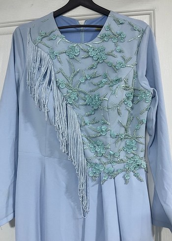 Mavi Nakışlı Uzun Kollu Kadın Abiye Elbise - Görsel 7