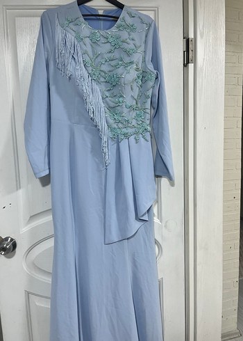 Mavi Nakışlı Uzun Kollu Kadın Abiye Elbise - Görsel 11