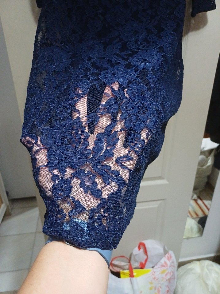 Lacivert Dantel Midi Elbise - Görsel 5