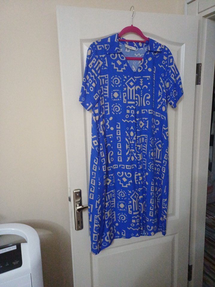 Bohem V Yaka Mavi Desenli Elbise  42 44 uyumlu - Görsel 4