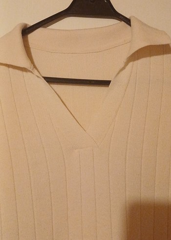 Bej V Yaka Kısa Kollu Uzun Triko Elbise - Görsel 2