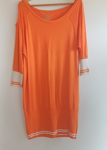 Turuncu Dökümlü Kısa Kollu Midi Elbise Penye elbise. - Görsel 7