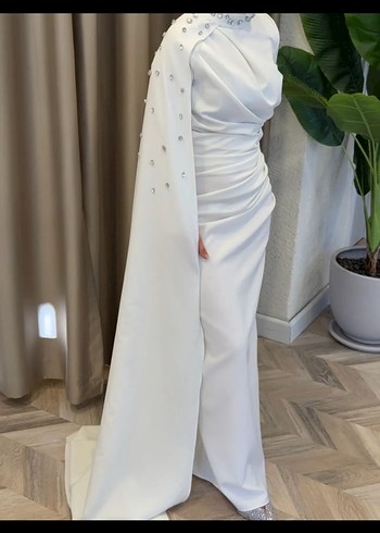 Abiye Uzun Kollu Beyaz Drape Detaylı Abiye Elbise