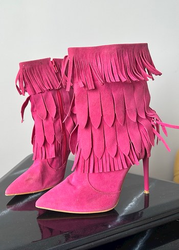 Püsküllü Pembe Süet Yüksek Topuklu Kadın Çizme - Görsel 2