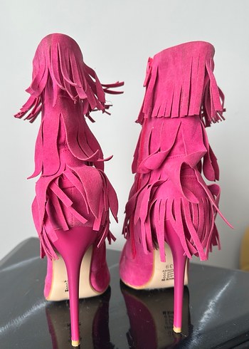 Püsküllü Pembe Süet Yüksek Topuklu Kadın Çizme - Görsel 8