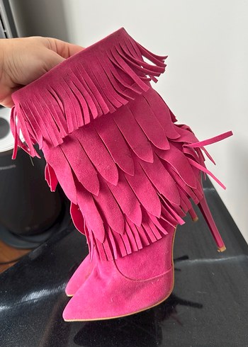 Püsküllü Pembe Süet Yüksek Topuklu Kadın Çizme - Görsel 3