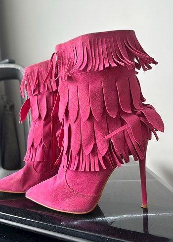 Püsküllü Pembe Süet Yüksek Topuklu Kadın Çizme - Görsel 5