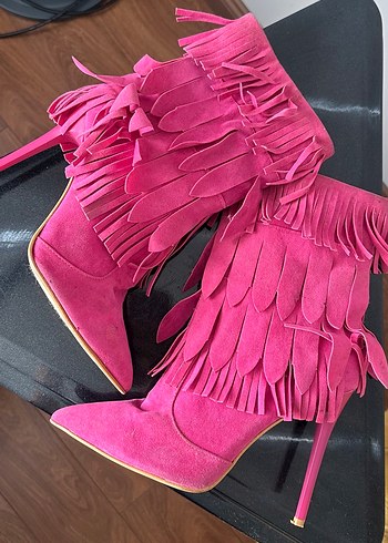 Püsküllü Pembe Süet Yüksek Topuklu Kadın Çizme - Görsel 7