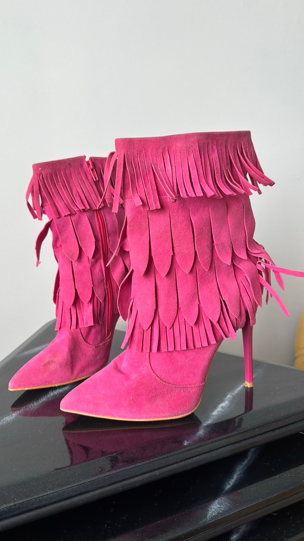 Püsküllü Pembe Süet Yüksek Topuklu Kadın Çizme - Görsel 2