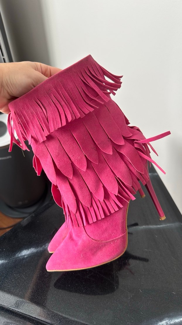 Püsküllü Pembe Süet Yüksek Topuklu Kadın Çizme - Görsel 3