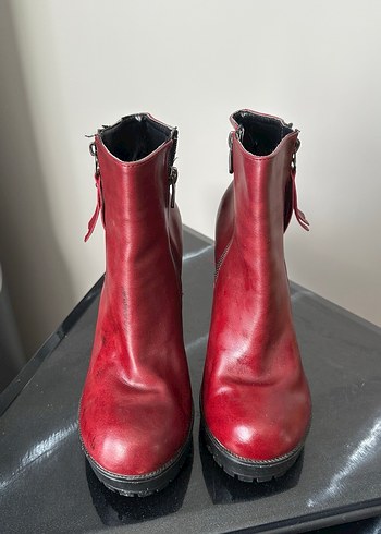 Kırmızı Deri Fermuarlı Kadın Topuklu Bot - Görsel 6