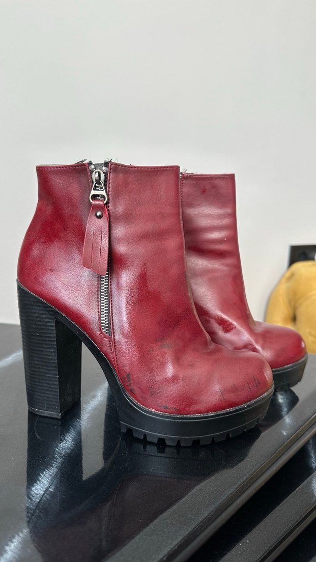 Kırmızı Deri Fermuarlı Kadın Topuklu Bot - Görsel 3