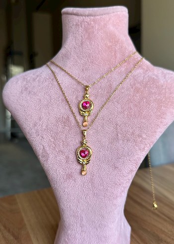 Beden pembe Renk Pembe Taşlı Zincir Detaylı Bohem Kadın Kolye