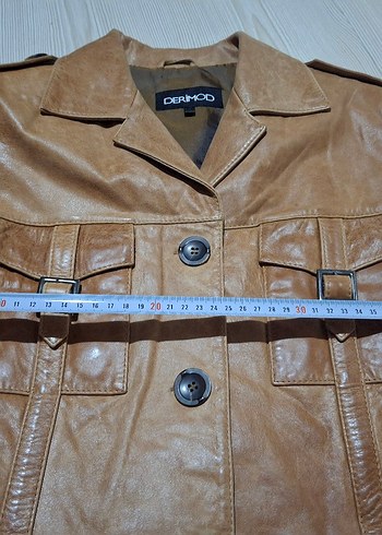 Bej Kadın Deri Ceket Düğmeli Midi Boy - Görsel 4