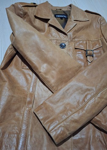 Bej Kadın Deri Ceket Düğmeli Midi Boy - Görsel 7