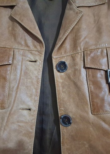 Bej Kadın Deri Ceket Düğmeli Midi Boy - Görsel 2