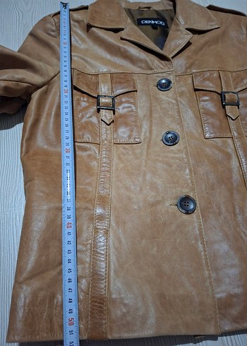 Bej Kadın Deri Ceket Düğmeli Midi Boy - Görsel 8