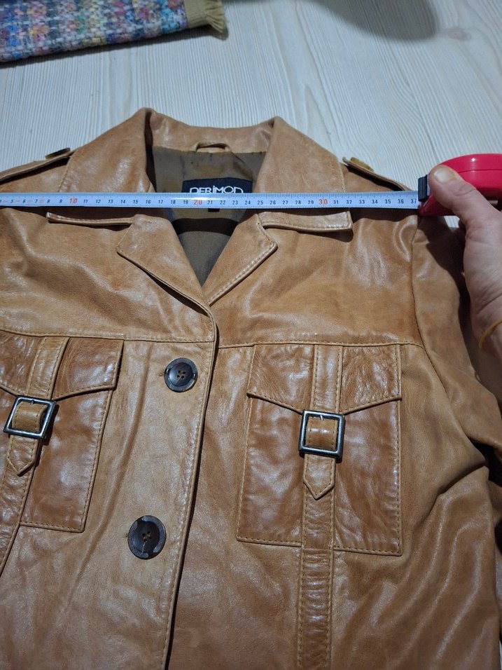 Bej Kadın Deri Ceket Düğmeli Midi Boy - Görsel 5