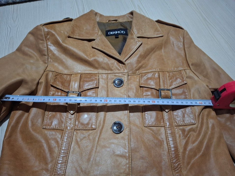 Bej Kadın Deri Ceket Düğmeli Midi Boy - Görsel 4