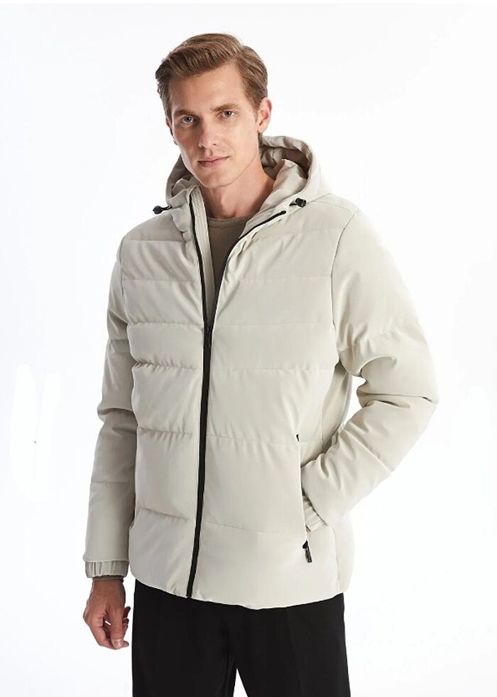 Bej Standart Kalıp Kapüşonlu Erkek Şişme Mont - Görsel 2