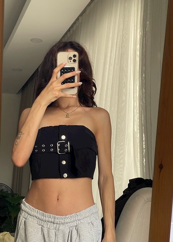 Kemer Detaylı Deri Siyah Mini Bustier