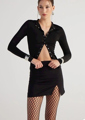 Düğmeli Siyah Mini Goth Etek